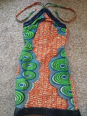 Women's GTP Waxprint Halter Dress in Green & Orange - Vibrant Pattern